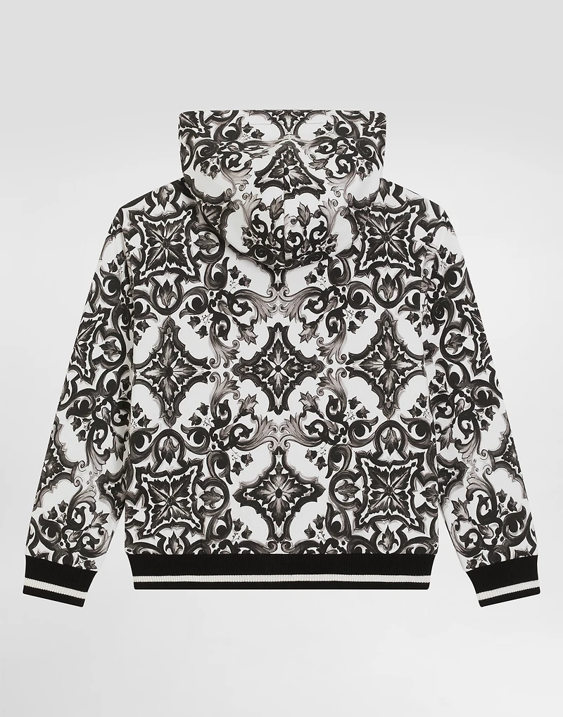 majolica-print hooded sweatshirt with zip