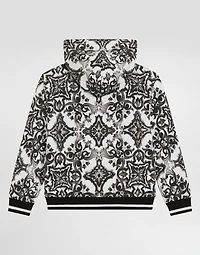 majolica-print hooded sweatshirt with zip