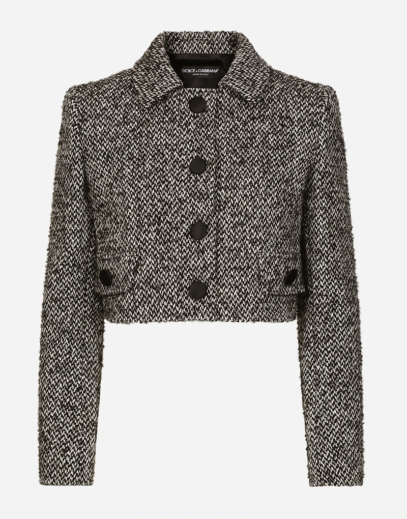 Short wool micro-tweed jacket