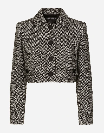 Short wool micro-tweed jacket