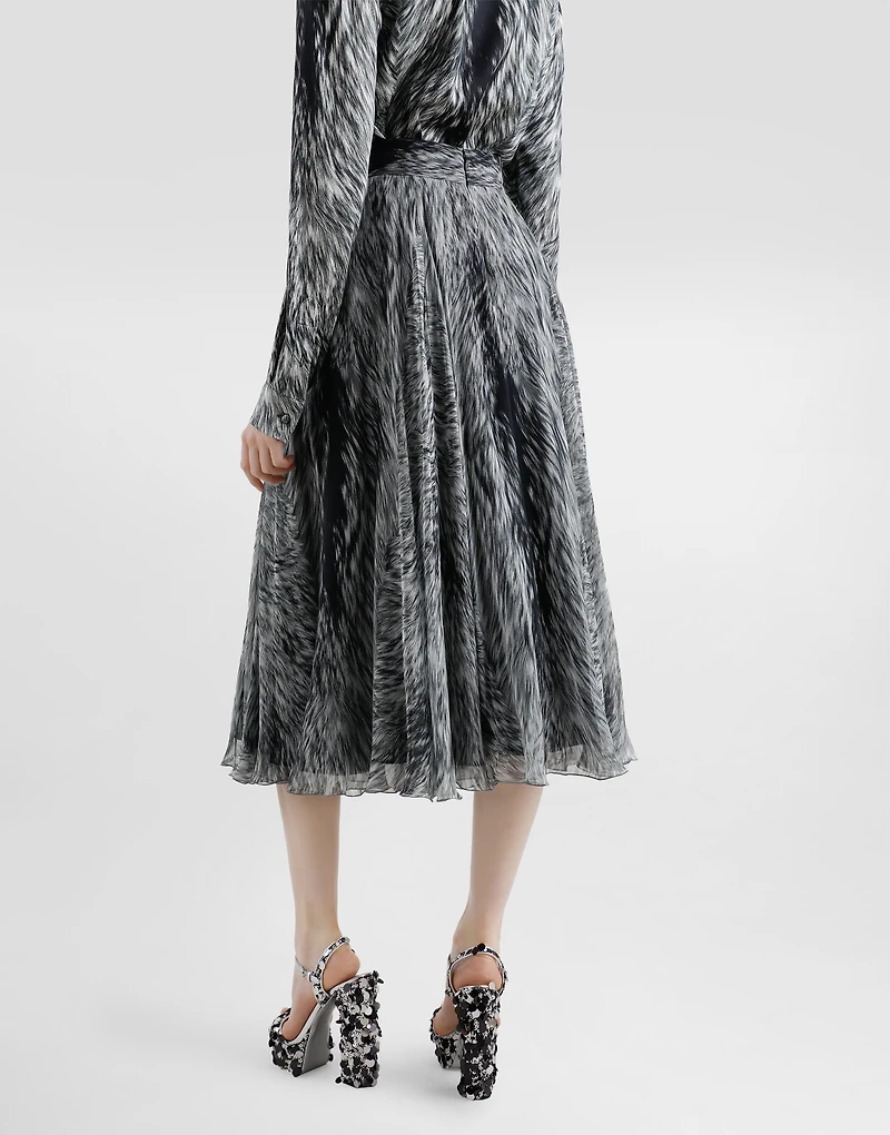 Chiffon calf-length circle skirt with fur print