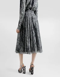 Chiffon calf-length circle skirt with fur print