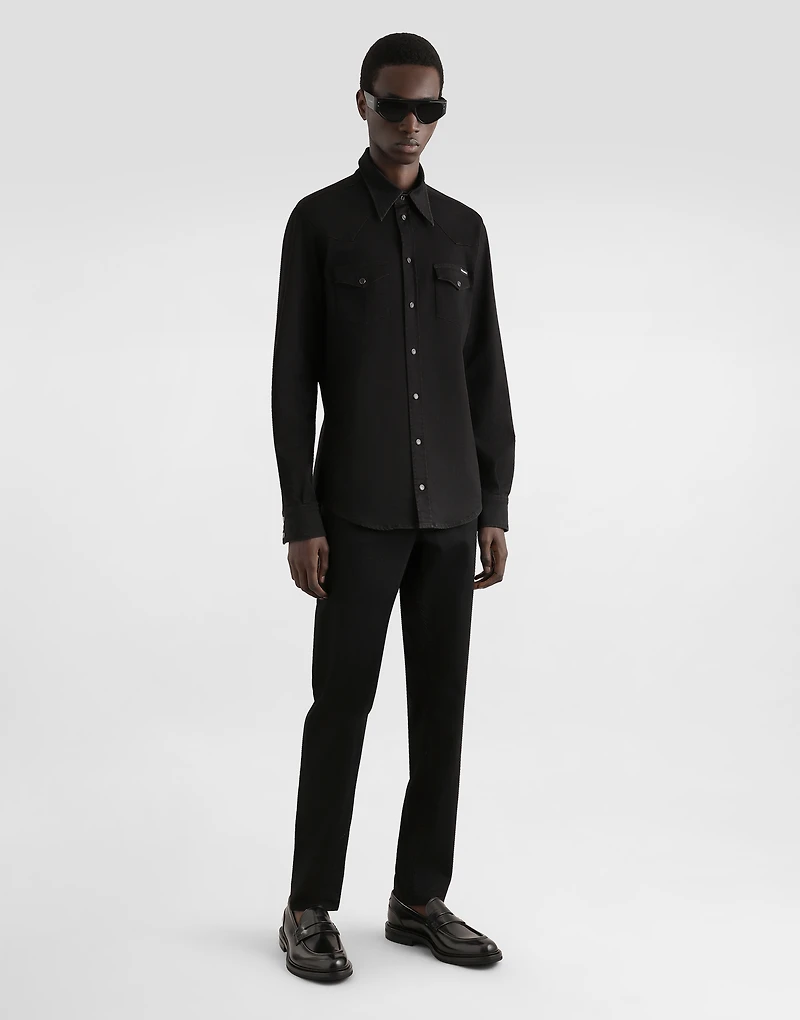 Coated black stretch denim shirt