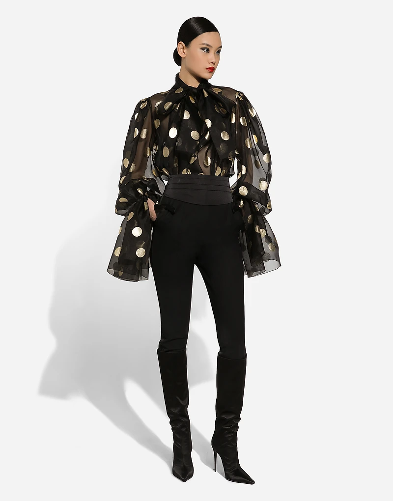 Silk organza jacquard blouse with polka-dot design and pussy-bow