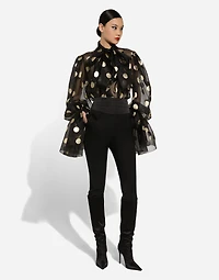 Silk organza jacquard blouse with polka-dot design and pussy-bow