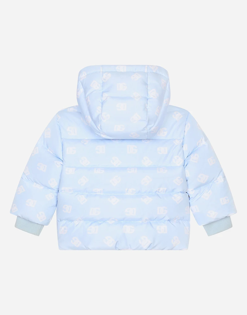 Short nylon down jacket with all-over logo print and DG