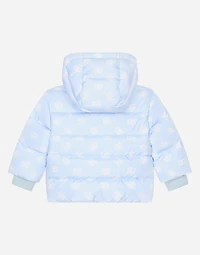 Short nylon down jacket with all-over logo print and DG