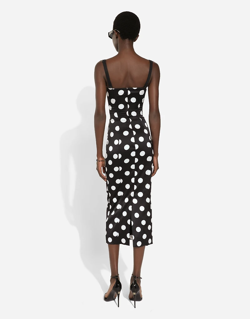 Satin midi dress with polka-dot print and corset details