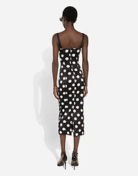 Satin midi dress with polka-dot print and corset details