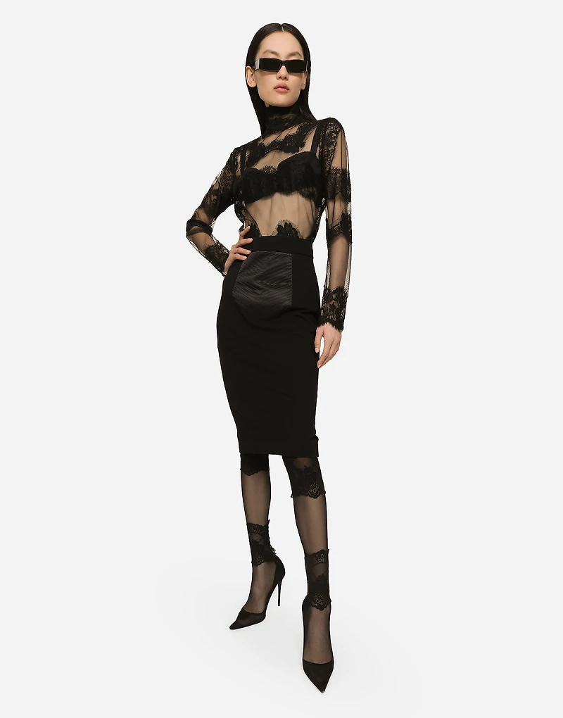 Tulle turtle-neck top with lace inserts