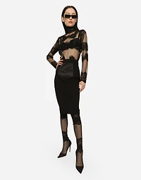 Tulle turtle-neck top with lace inserts