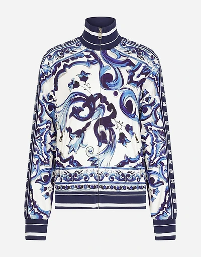 Majolica-print cady sweatshirt with zipper