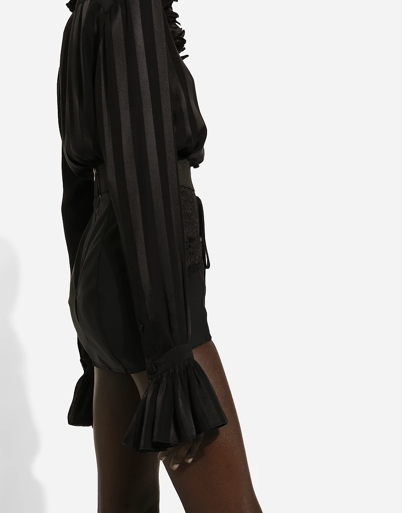 Silk jacquard shirt with pleated cuffs and collar