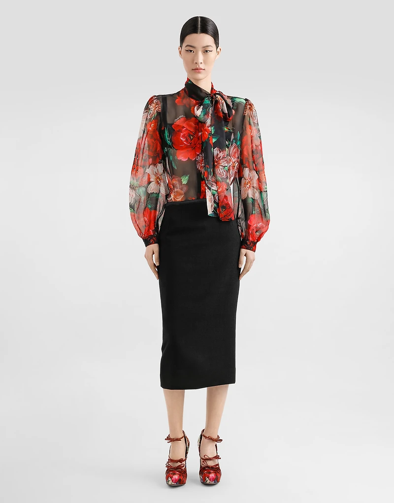 Chiffon pussy-bow shirt with floral print