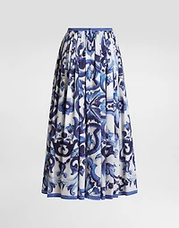 Majolica-print long cotton satin skirt