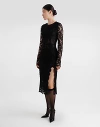 Flared calf-length floral lace dress with contrasting lining