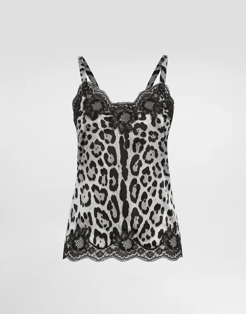 Leopard-print stretch silk satin lingerie-style top
