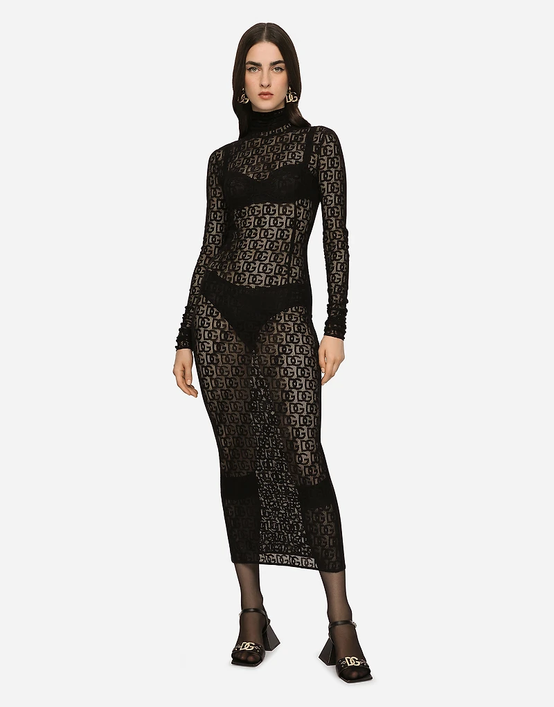 Tulle calf-length dress with all-over DG logo