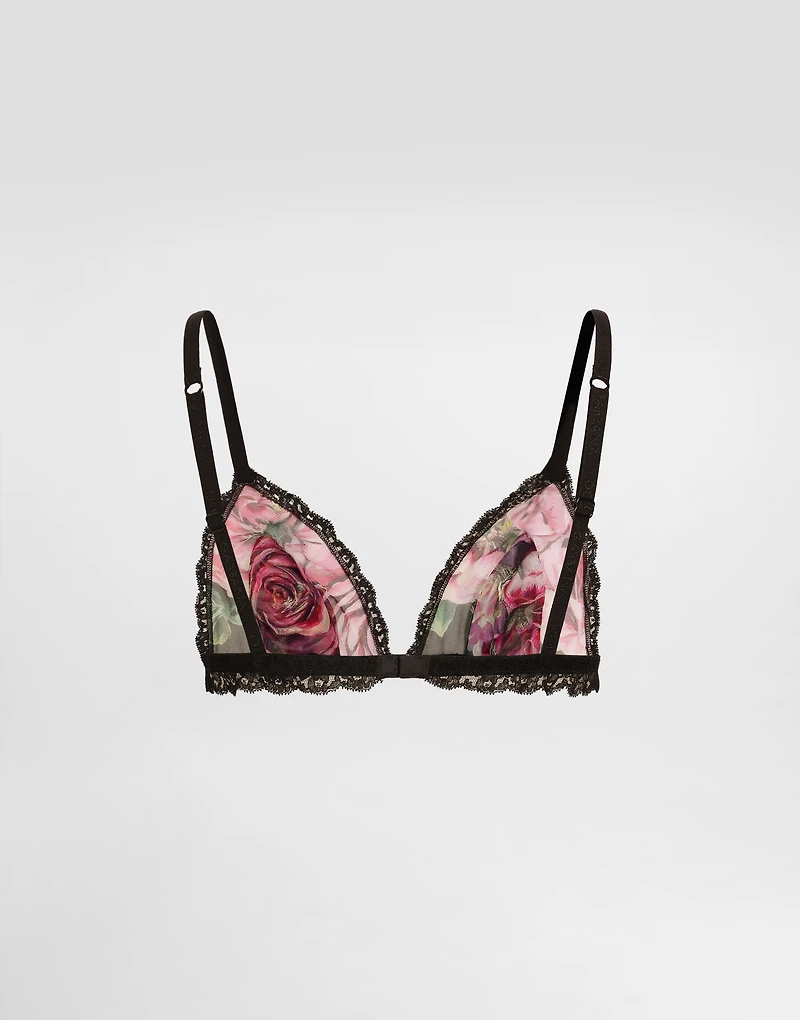 Rose-print satin and tulle triangle bra