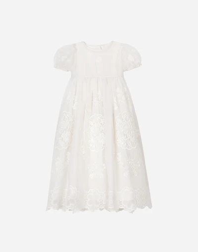 Empire-line embroidered chiffon christening dress with short sleeves