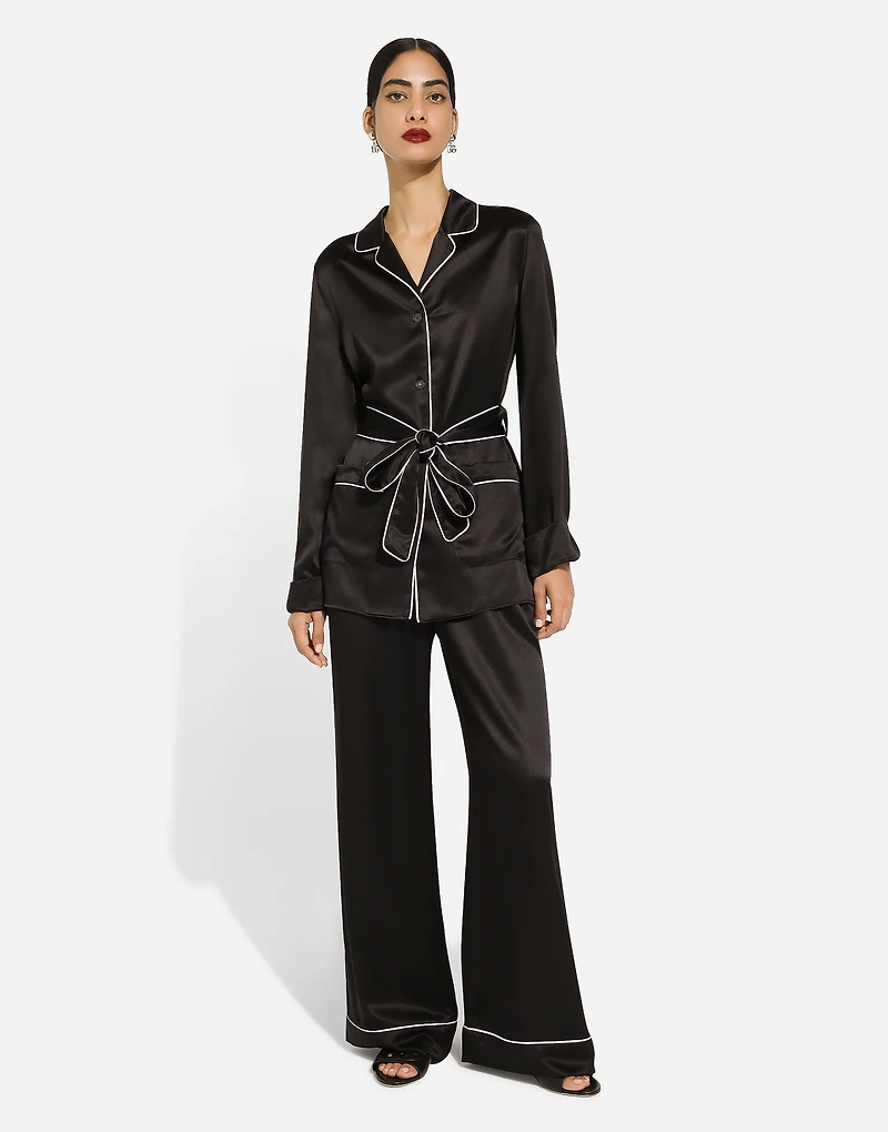 Silk pajama pants with contrasting piping
