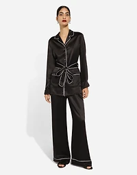 Silk pajama pants with contrasting piping