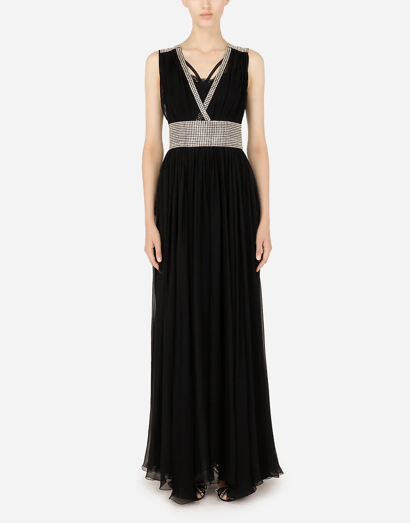 Long chiffon dress with fusible rhinestone detailing