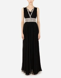 Long chiffon dress with fusible rhinestone detailing