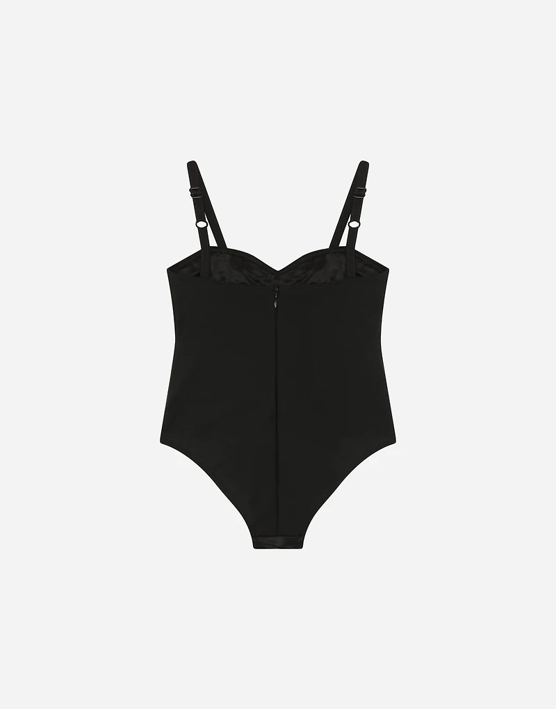 Stretch satin bodysuit with fusible rhinestones