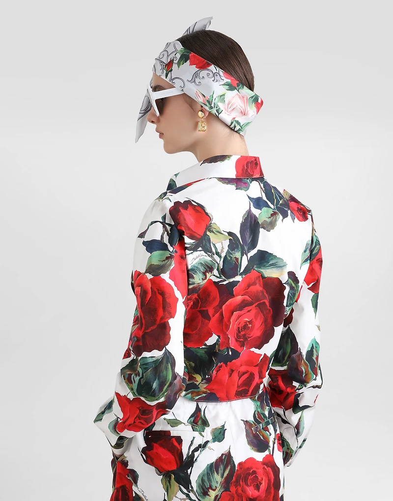 Cropped cotton pussy-bow shirt with rose print