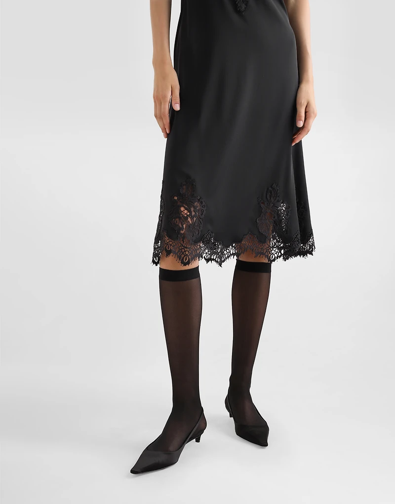 Lace and charmeuse calf-length slip dress