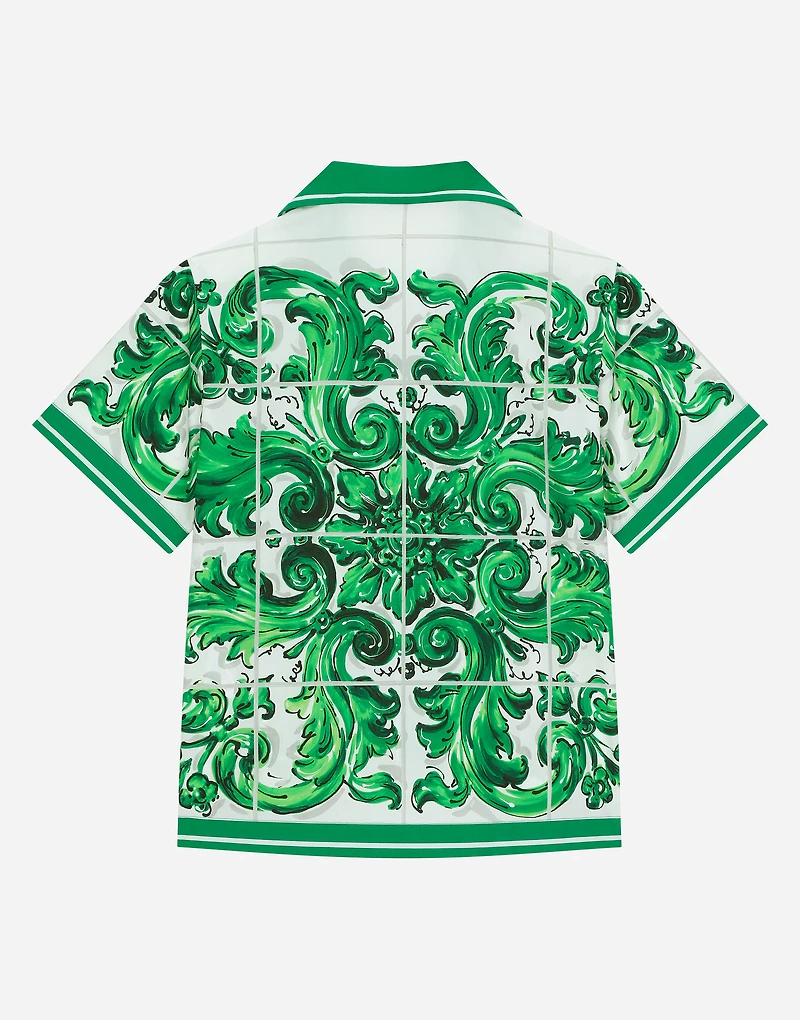 Poplin shirt with green majolica print