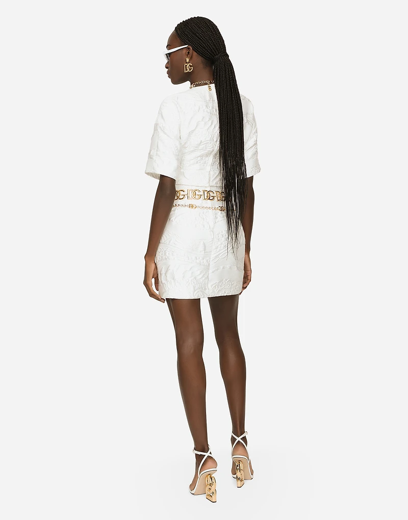 Short brocade dress with belt