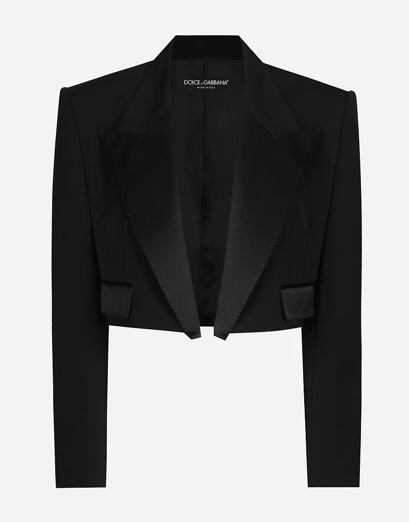 Short wool gabardine tuxedo jacket