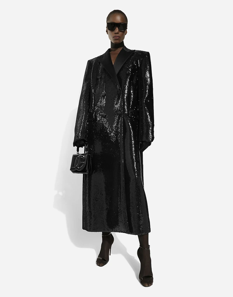 Micro-sequined double-breasted coat
