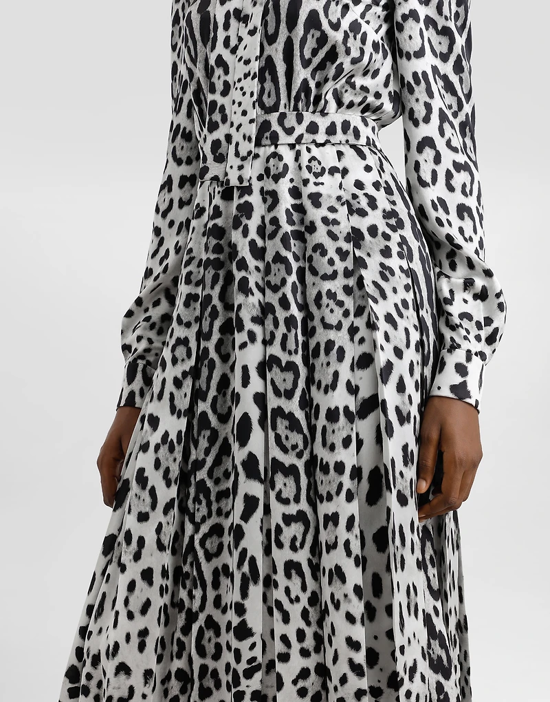 Satin calf-length shirt dress with pussy-bow and leopard print