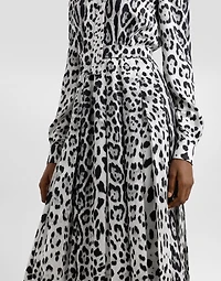 Satin calf-length shirt dress with pussy-bow and leopard print