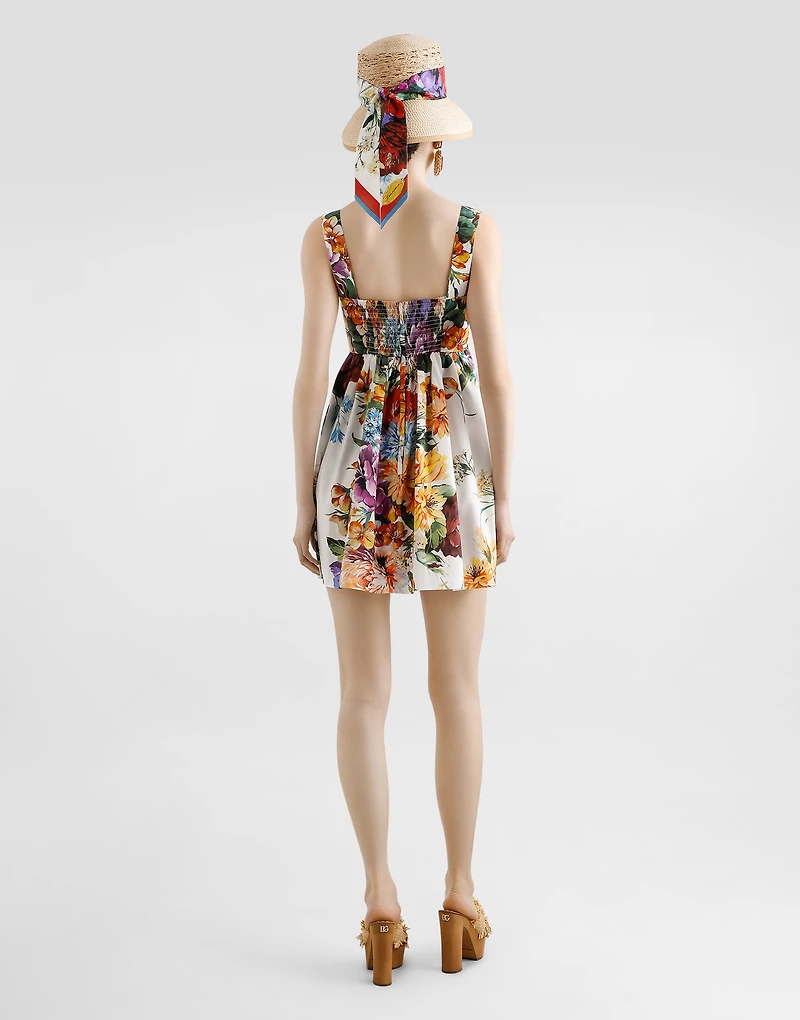 Flower bouquet-print poplin dress