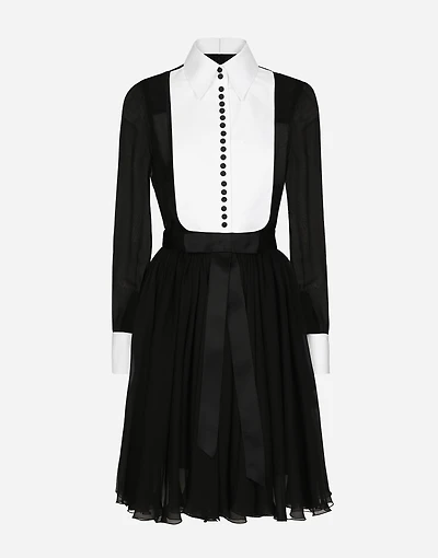 Chiffon midi shirt dress with piqué cuffs and front