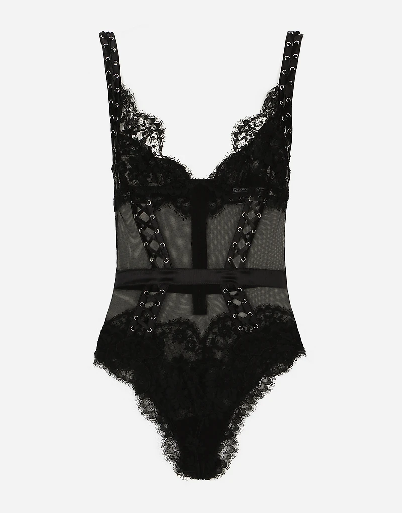 Lace and tulle bodysuit with lacing eyelets