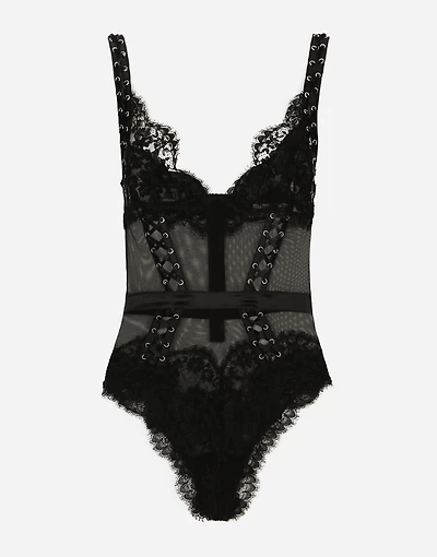 Lace and tulle bodysuit with lacing eyelets