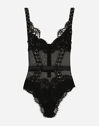 Lace and tulle bodysuit with lacing eyelets