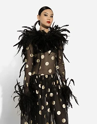 Long polka-dot silk organza dress with feathered details
