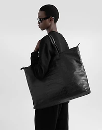 Large crocodile-print calfskin shopper