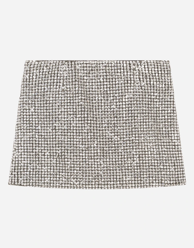 Short jersey skirt with fusible rhinestones