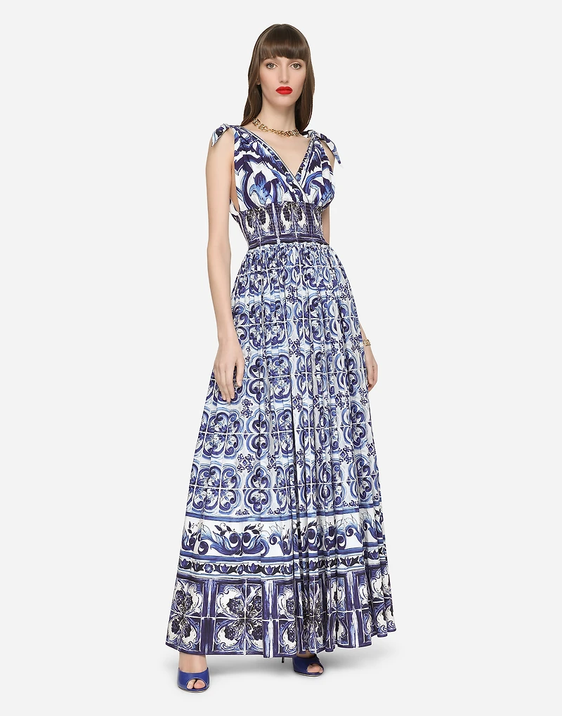 Long majolica-print poplin dress