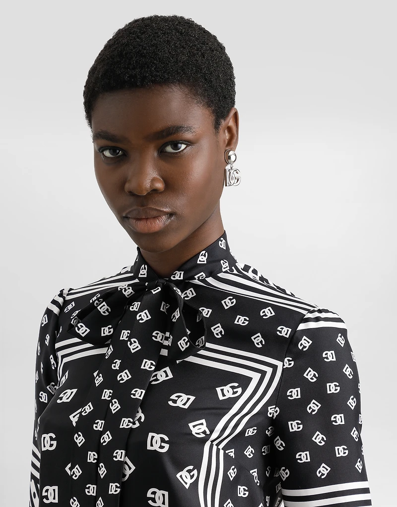 Short-sleeved silk blouse with pussy-bow and all-over DG logo scarf print