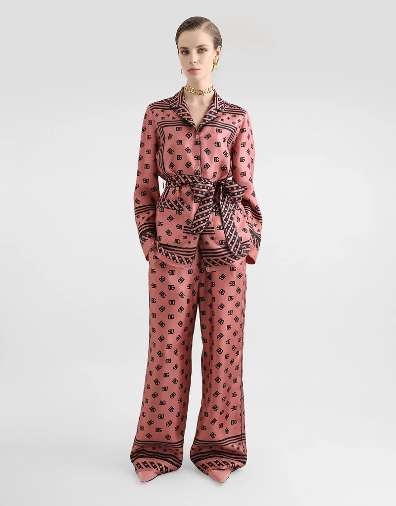 Silk satin jacquard pajama pants with all-over DG logo