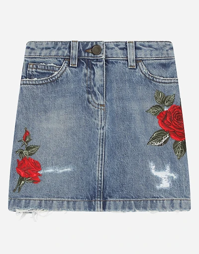 5-pocket short denim skirt with rose patch