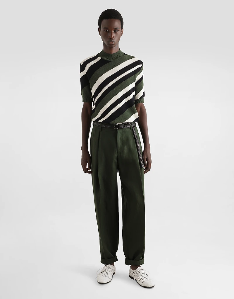 Short-sleeved cotton mock-turtleneck with striped inlay